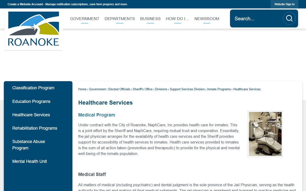 Roanoke City Adult Detention Center healthcare services and NaphCare information