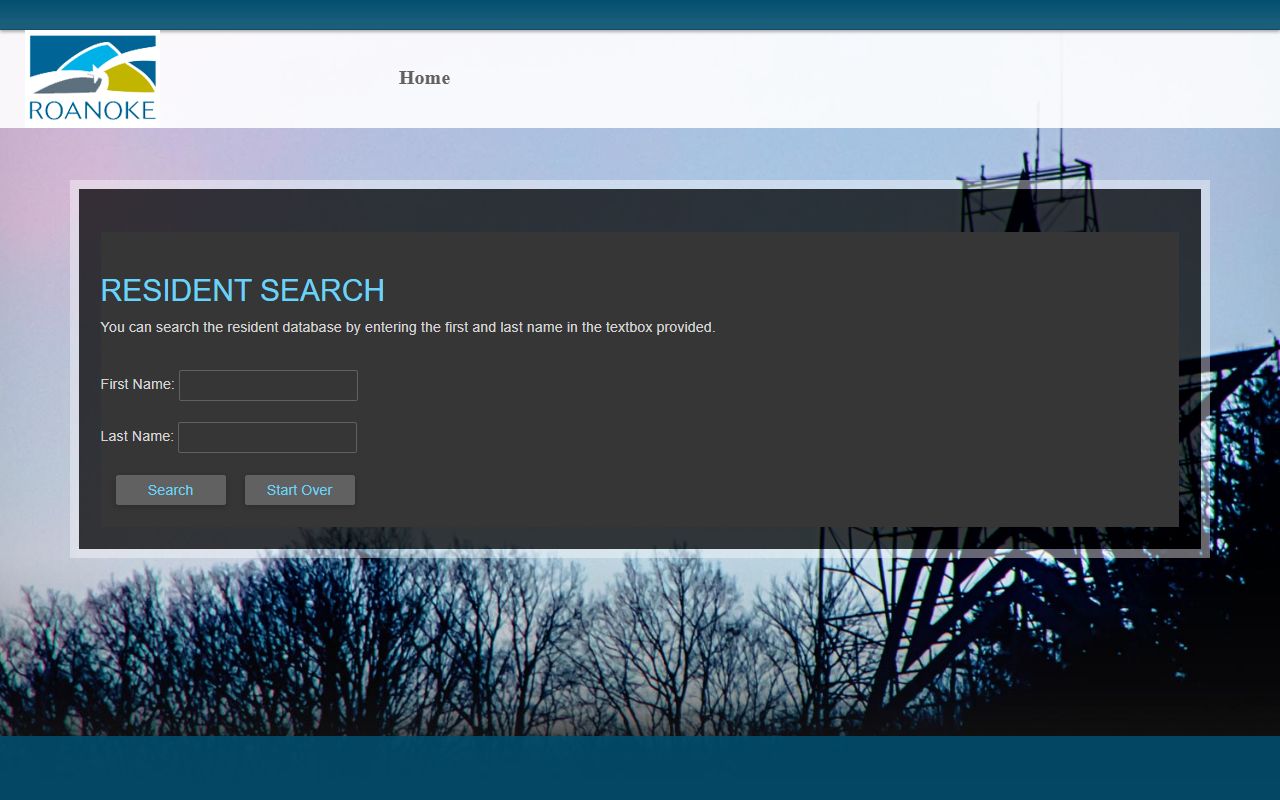 Roanoke City inmate roster Resident Search form
